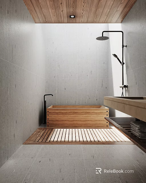 Modern Bathroom Interior With Wooden Bathtub Gray Tiled Walls And Vanity Sink 3d model 