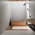 Modern Bathroom Interior With Wooden Bathtub Gray Tiled Walls And Vanity Sink