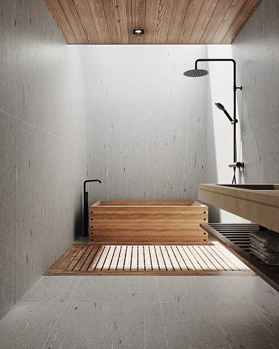 Modern Bathroom Interior With Wooden Bathtub Gray Tiled Walls And Vanity Sink 3d model