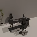 Modern Office Interior With Black Desk Two Chairs Computer Monitor And Green Plant