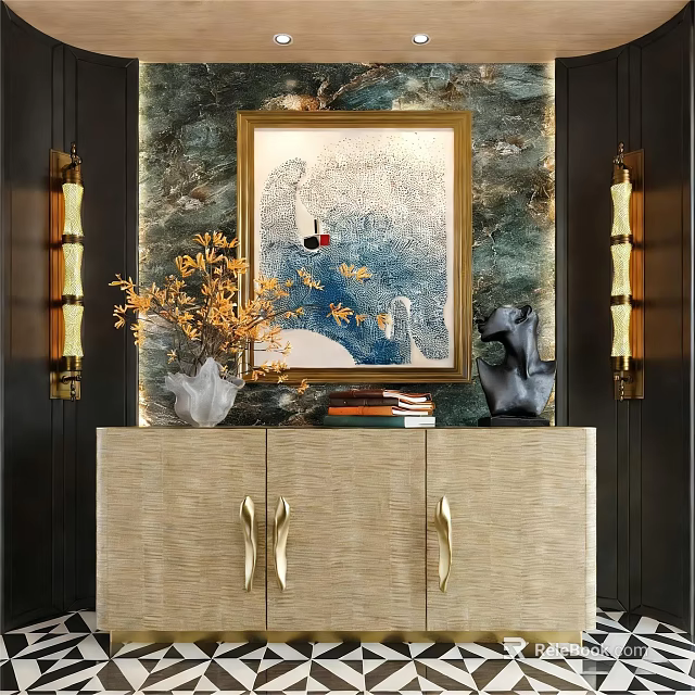 Elegant Entryway Console Table With Decorative Painting Golden Hardware Vase And Stacked Books 3d model 