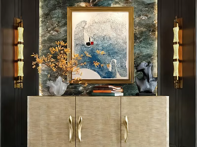 Elegant Entryway Console Table With Decorative Painting Golden Hardware Vase And Stacked Books 3d model