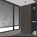Modern Interior With Black Window Blinds Wooden Shelves And Decor Items