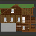 Cartoon Scene Two Story Wooden House Featuring Green Roof Balconies White Tables and Chairs