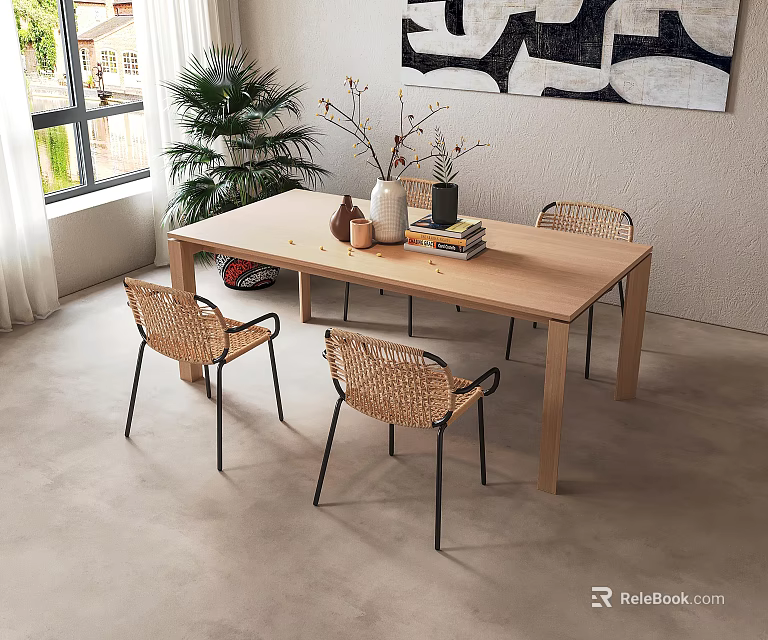 Wooden Dining Table Set With Rattan Chairs Metal Legs And Decorative Vases 3d model 