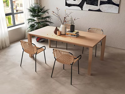 Wooden Dining Table Set With Rattan Chairs Metal Legs And Decorative Vases 3d model