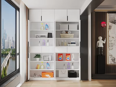 Modern Open Shelf Decorative Cabinet With Storage Boxes And Plants In Bright Living Room 3d model