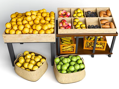 Fresh Assorted Fruits Displayed in Wooden Crates and Burlap Sacks on Tables 3d model