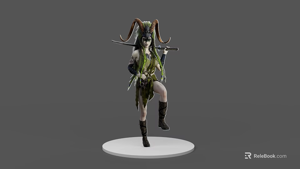Game Movie Character Horned Mythical Figure With Green Outfit And Staff 3d model 