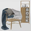 Wooden Frame Leisure Chair With Gray Cushion Striped Pillow Blue Blanket And Fur Throw