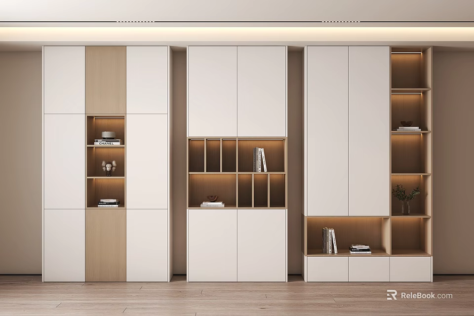 Modern Decorative Cabinet With White Light Wood Open Shelves Integrated Lighting And Storage 3d model 