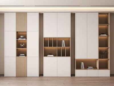 Modern Decorative Cabinet With White Light Wood Open Shelves Integrated Lighting And Storage 3d model