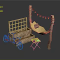 Outdoor Leisure Setup With Red Bicycle Wooden Steps Hammock Posts And Table
