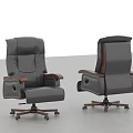 Grey Ergonomic Office Chair With Leather Upholstery Wooden Armrests And Swivel Base