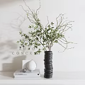 Modern Minimalist Decorative Ornament Set With Black Vase Green Foliage And White Spherical Ornament