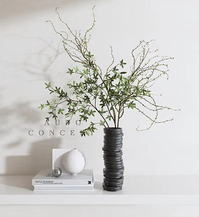 Modern Minimalist Decorative Ornament Set With Black Vase Green Foliage And White Spherical Ornament 3d model