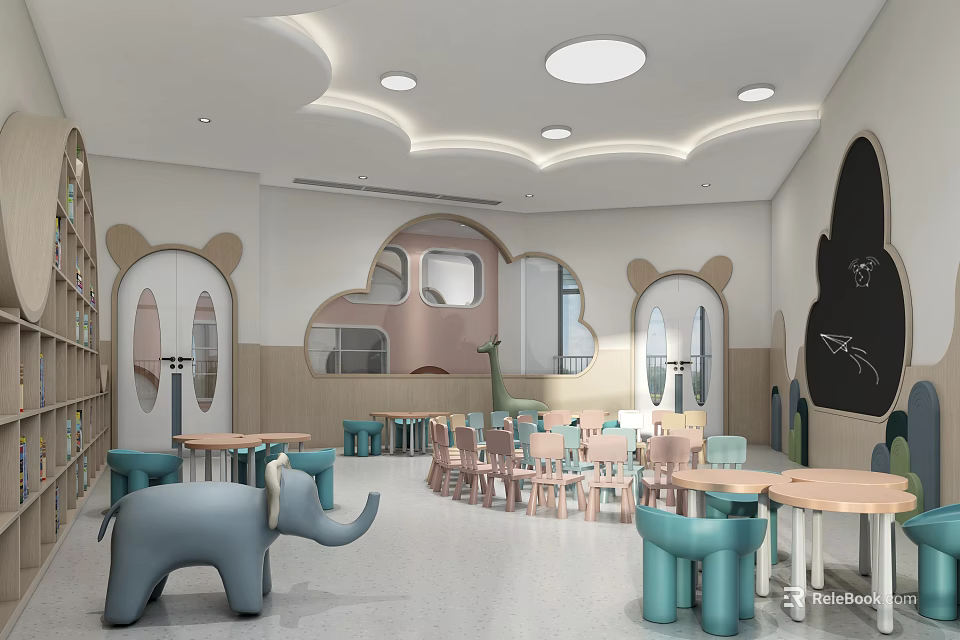 Kindergarten Interior Design With Colorful Tables Chairs Elephant Shaped Decor Bear Ear Windows And Bookshelves 3d model 