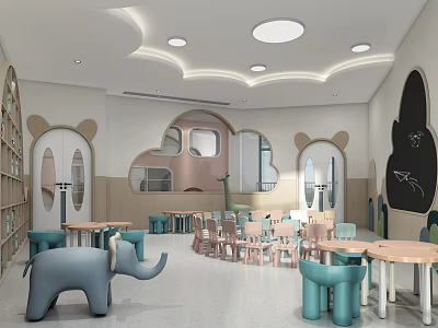Kindergarten Interior Design With Colorful Tables Chairs Elephant Shaped Decor Bear Ear Windows And Bookshelves 3d model