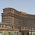 Classical Hotel Building With Curved Exterior Arched Entrance Golden Doors And Green Trees