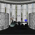 Modern Circular Tea Room Interior With Glass Partitions Chandelier And Marble Floor