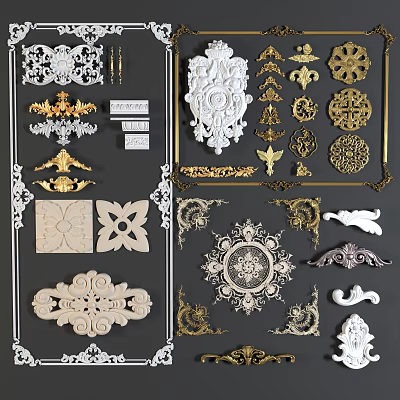 Various Decorative Carvings In Golden And White Styles For Ornamental Panels 3d model