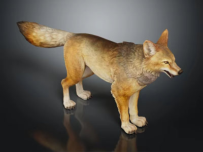 Realistic Coyote Figure With Brown Yellow Fur Standing On Dark Reflective Surface 3d model