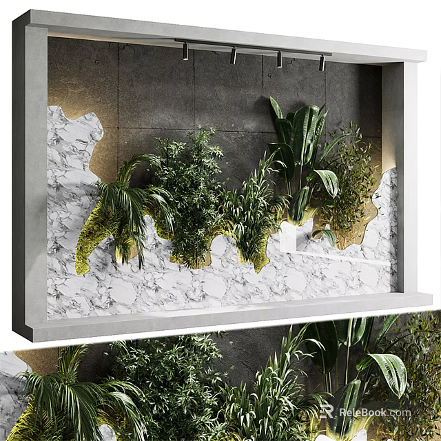 Indoor Living Wall With Various Hanging Green Plants And Natural Gray White Textured Design 3d model 