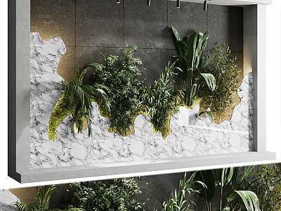 Indoor Living Wall With Various Hanging Green Plants And Natural Gray White Textured Design 3d model