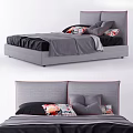 Gray Upholstered Double Bed With Black Bedding And Floral Pattern Pillows 3d model