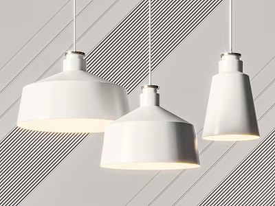 Three White Pendant Lights Hanging From Ceiling Against Diagonal Striped Wall 3d model