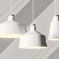 Three White Pendant Lights Hanging From Ceiling Against Diagonal Striped Wall 3d model