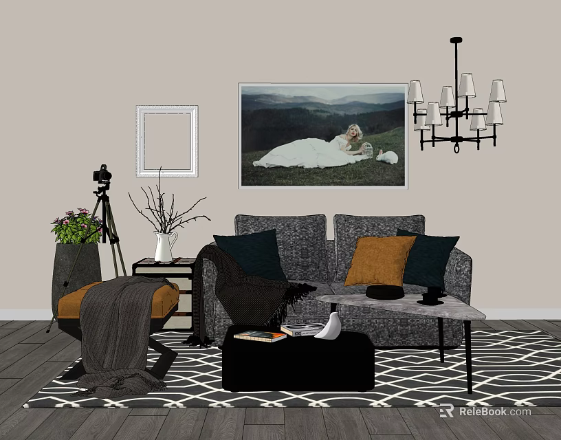 Modern Living Room Interior With Sofa Coffee Table Set Decorative Pillows And Patterned Rug 3d model