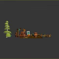 Fresh Pumpkins Displayed On Wooden Stand With Fence Barrels And Green Decorative Trees