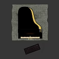 Elegant Black Grand Piano Musical Instrument with Leather Bench on Gray Carpet