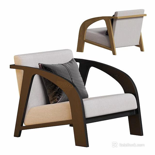Modern Leisure Chair With Curved Wooden Armrests Soft Beige Fabric Cushions And Accent Pillow 3d model 