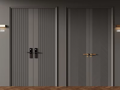 Dark Gray Double Doors with Vertical Stripes and Herringbone Design Black and Gold Handles in Modern Interior 3d model