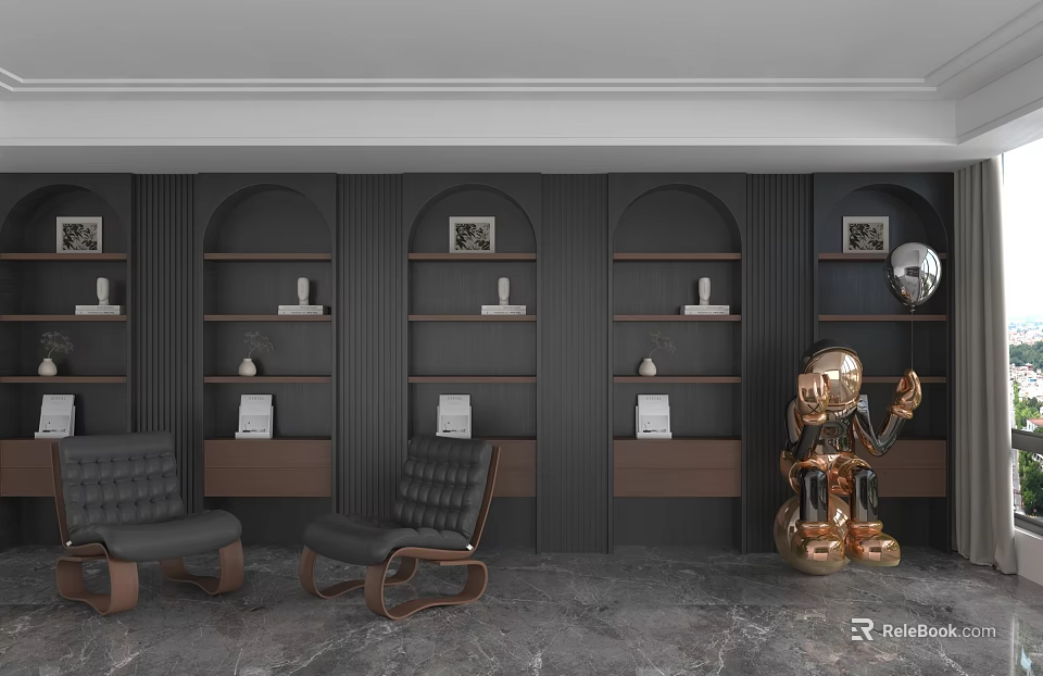 Dark Gray Shelving Unit With Open Shelves Decorative Vases Books Dark Armchairs Golden Sculpture 3d model 