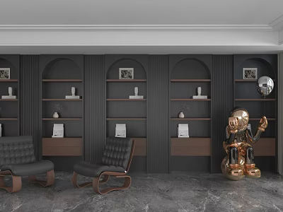 Dark Gray Shelving Unit With Open Shelves Decorative Vases Books Dark Armchairs Golden Sculpture 3d model