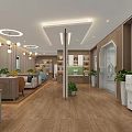 Modern Bank Customer Lounge With Front Desk Wooden Walls Sofas And Green Plants
