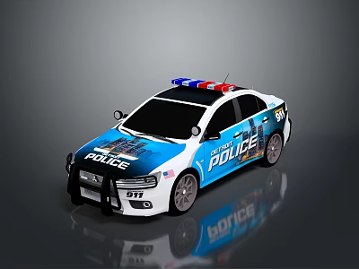 Blue and White Police Patrol Car With Flashing Lights And POLICE Decals 3d model