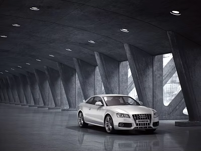 Sleek White Audi Sedan Parked In Modern Concrete Architectural Space With Ambient Lighting 3d model
