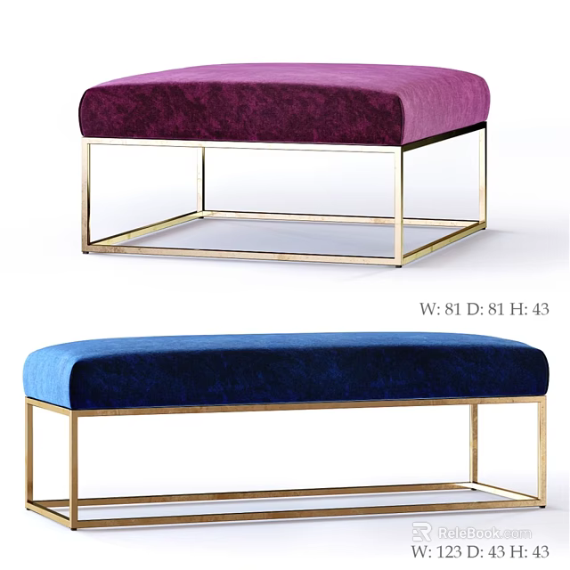 Elegant Purple And Blue Velvet Sofa Bench With Gold Metal Frame Design 3d model 