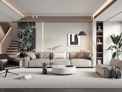 Modern Living Room Sofa Coffee Table Combination Multi-person Sofa Leisure Chair Lazy Sofa Coffee Table TV Background Wall Stairs model