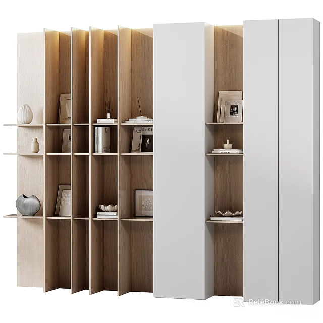 Modern Wooden Bookcase Design With White Finish Shelves And Decorative Photo Frames 3d model 