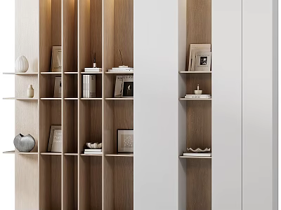 Modern Wooden Bookcase Design With White Finish Shelves And Decorative Photo Frames 3d model