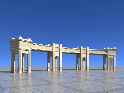Classical Entrance Gate Design With Columns Arches Against Blue Sky On Paved Ground 3d model