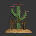 Green Cactus With Wooden Platform Staircase And Pink Umbrellas On Sandy Base