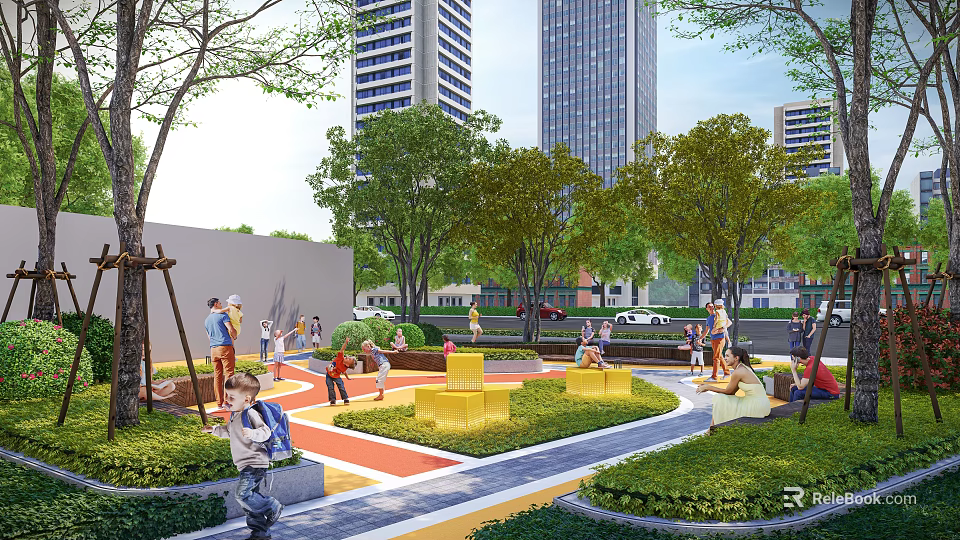 Scenic Urban Park with Children Playing Colorful Play Equipment Lush Trees and High Rise Buildings 3d model 