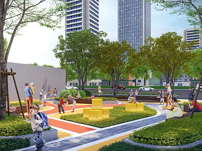 Scenic Urban Park with Children Playing Colorful Play Equipment Lush Trees and High Rise Buildings 3d model