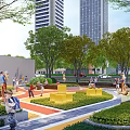 Scenic Urban Park with Children Playing Colorful Play Equipment Lush Trees and High Rise Buildings